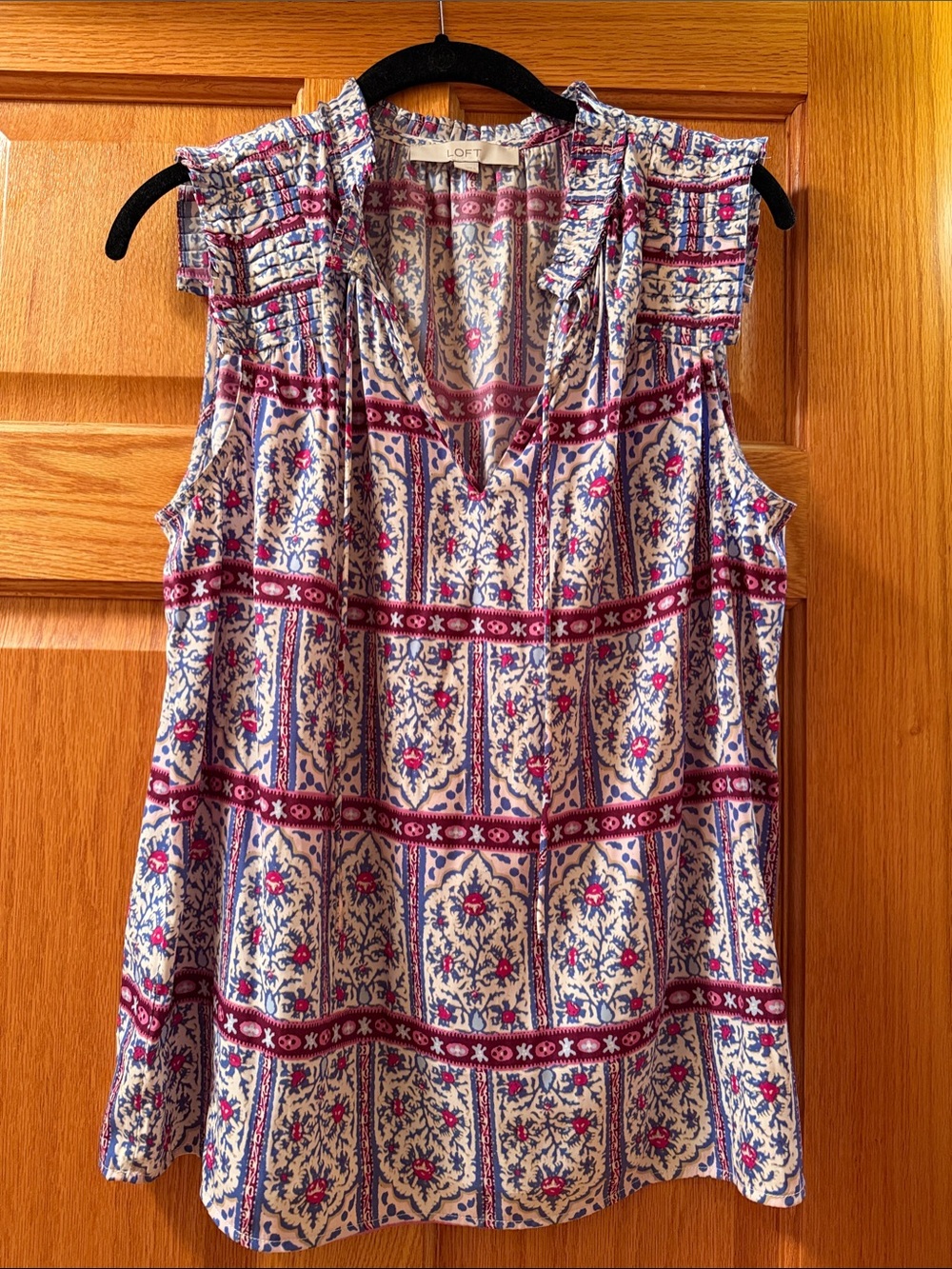 LOFT Floral-Print Sleeveless V-Neck Blouse in Cream, Burgundy and Blue